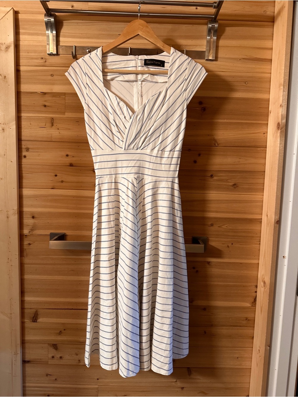 GownTown White Midi Dress with Blue Stripes — Fit & Flare